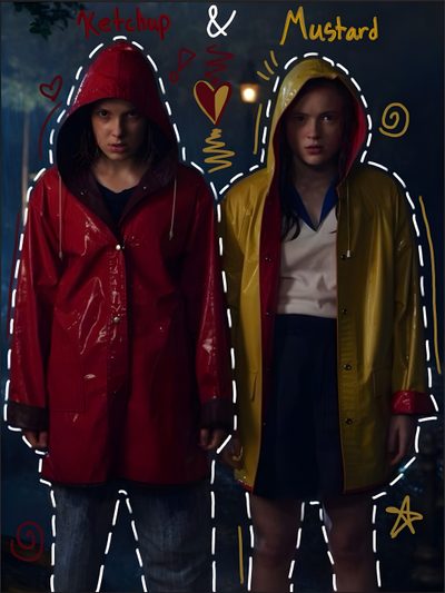 two people standing next to each other wearing raincoats Matching Stranger Things And Halloween Characters 11 X Max Stranger Things, Stranger Things Ketchup And Mustard, Ketchup And Mustard, black