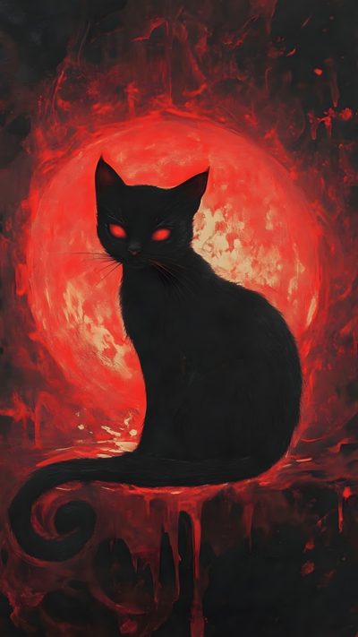 a painting of a black cat sitting in front of a red sun with swirls Halloween Fiery Felines-black Custom Scary Cat Art, Evil Black Cat, Evil Black Cat Drawing, dark slate gray