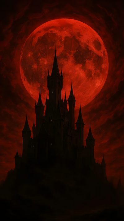 a red full moon is in the sky over a castle Burgundy Halloween Dark Red Fantasy Aesthetic, Red Kingdom, Evil Moon, Crimson Red Aesthetic, black