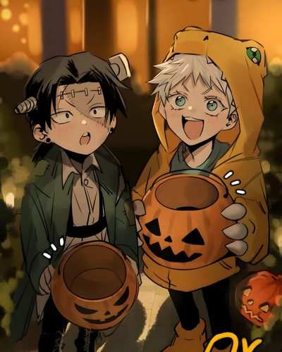 two children dressed up in costumes holding pumpkins Halloween Jjk Jujutsu, Jujutsu Kaisen Halloween, Jujutsu Kaisen Halloween Pfp, saddle brown