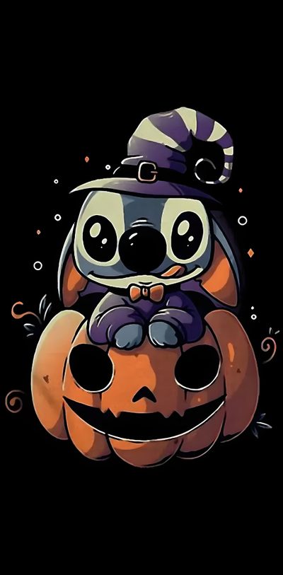 a cartoon character sitting on top of a pumpkin Stitch Halloween Halloween Iphone, Halloween, Halloween Iphone Backgrounds, Disney, Halloween Cute, black
