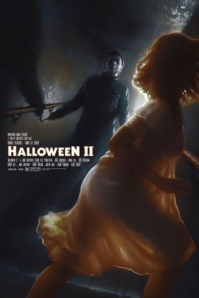 a movie poster for halloween ii with a woman in a dress and a man standing behind her Halloween Ii Mondo Posters, Halloween Franchise, Donald Pleasence, Halloween Film, Horror Movie Icons, black