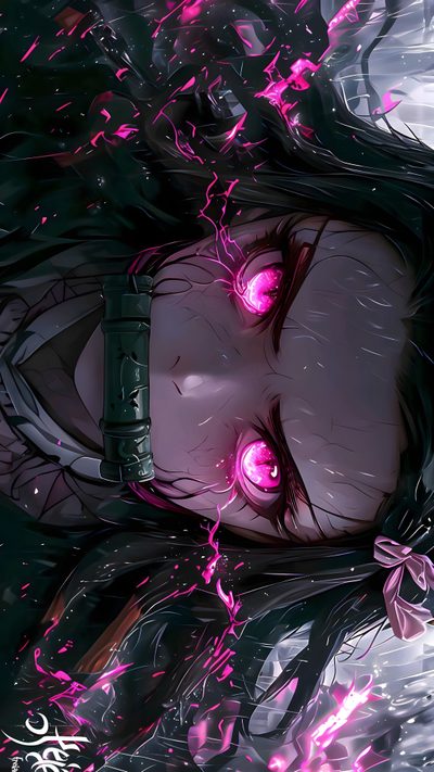 a woman with pink eyes and long hair laying on the ground in front of flowers Anime Halloween Pc Demon Slayer Pc, Demon Slayer 8k, Nezuko Landscape, Aesthetic Kuromi Ipad, dark slate gray