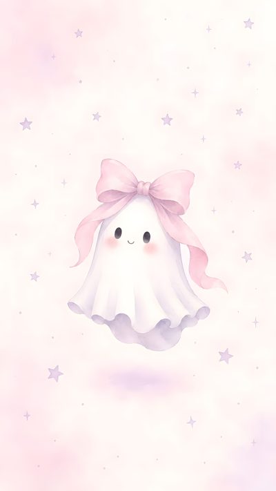 A cute watercolor illustration of a friendly floating ghost wearing a large pink ribbon bow, surrounded by soft pink pastel stars. Halloween Coquette Spooky Background, Fall Vibes, Mobile, Pastel Pink, Pink Bow, Art Images, seashell