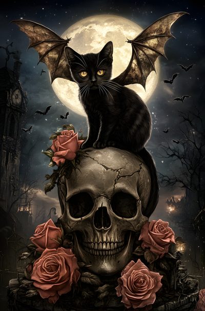 a black cat sitting on top of a skull in front of a full moon with roses Halloween Skull And Bat Katt Diy, Black Cat Diy, Chat Diy, Cat Stands, Cat Skull, Skull Artwork,