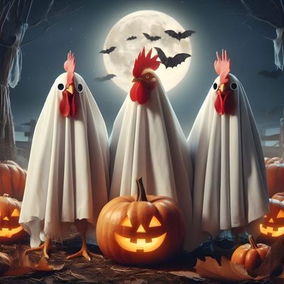 three chickens in white ghost costumes standing next to pumpkins and jack - o'- lanterns Halloween Chicken Cricut, Thanksgiving Chicken Meme, Chicken, Halloween, dim gray