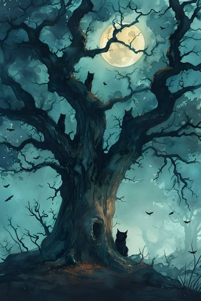 Spooky Tree Art, Witch And Cat Background, Mysterious Cat Background, Black Cat On Tree, Spooky Tree Scene Scary Fantasy, Spooky Tree Illustration, Cats In Tree At Night, Spooky Cats And Moons, Spooky Tree Painting Halloween Tree Spooky Tree Art, Witch And Cat Background, Mysterious Cat Background, dark slate gray