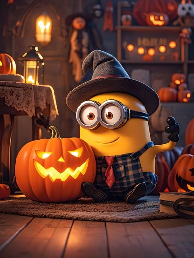 a minion dressed up as a witch with pumpkins in front of him and a lantern on the floor Minions Halloween Minion Halloween, Dispicable Me Halloween, Halloween, Minion Halloween Clipart, saddle brown