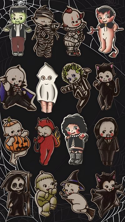 a bunch of stickers that are on top of a black surface with spider web Kewpie Halloween Vintage Halloween Art, Halloween Iphone Backgrounds, Spooky Tattoos, Witchy, black