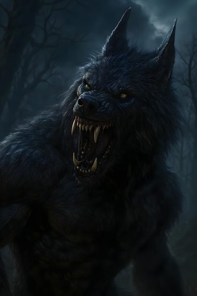 a large black wolf with its mouth open and teeth wide open in the dark forest Halloween Werewolf Vampire Beast Art, Bad Werewolf, Terrifying Beast, Werewolf Snarling, Werewolf Beast, black