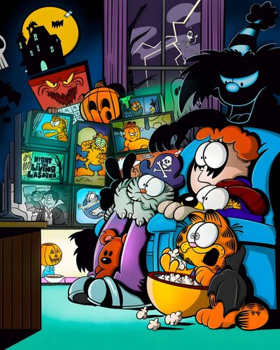 the cartoon characters are watching tv together Halloween Garfield Garfield Comic Halloween, Garfield Halloween Comics, Garfield And Friends Nighty Nightmare, dark slate gray