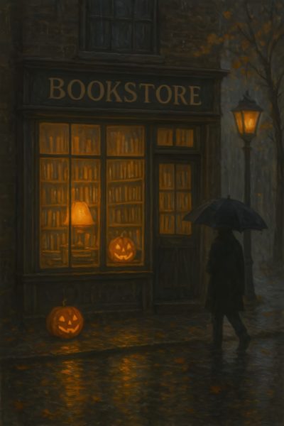 a painting of a person holding an umbrella in front of a book store with pumpkins Halloween Spooky Books Library Halloween Bookshelf Iphone, Fall Aesthetic Art, Umbrella Drawing, black
