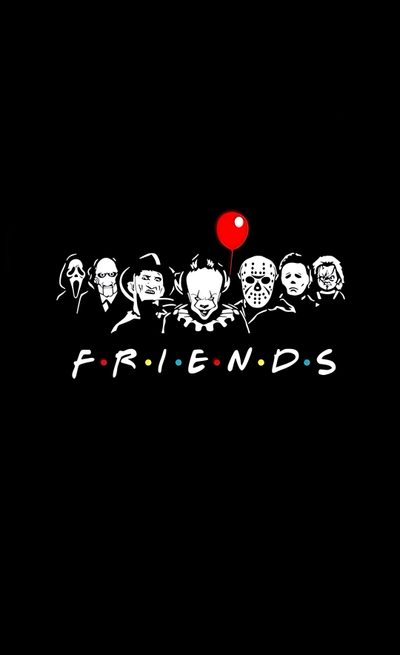 friends wallpaper with balloons and faces on it in the dark, one red balloon is floating Halloween Horror Friends Horror Friends, Halloween Backgrounds Aesthetic Dark, Scary Characters, black