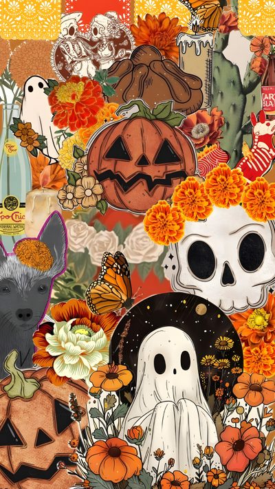 a collage of pumpkins, skulls and other halloween related items is featured in this image Mexican Halloween Mexico, Mexican Halloween, Halloween Iphone Backgrounds, Witchy, Halloween Iphone, peru