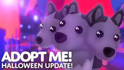 two cartoon dogs standing next to each other with the caption adopt me halloween update Adopt Me Halloween Popular Games, Easy Christmas Treats, Pikachu, Kitty, Game Guide, dark slate blue