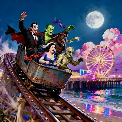 a painting of people riding on a roller coaster Halloween Roller Coaster Werewolf Illustration, Horror Pictures, Nostalgia Art, dark slate blue