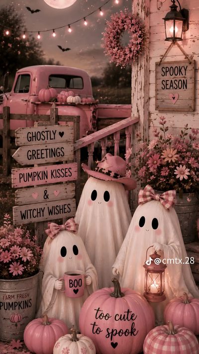 two white pumpkins sitting next to each other in front of a sign that says boo cute to spook Rose Gold Girly Cute Halloween Cozy Halloween Aesthetic, Halloween Cute Aesthetic, Cute Halloween Backgrounds, dim gray