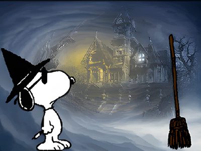 a cartoon dog wearing a witches hat and holding a broom in front of a house Snoopy Halloween Gif Snoopy Pictures, Pigs, Woodstock Snoopy, Halloween Gif, Snoopy Love, Halloween, dim gray