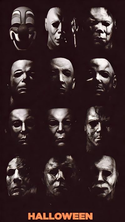 the poster for halloween is shown in black and white, with many different masks on it Halloween Ii Michael Myers Halloween, Michael Myers, Art, black