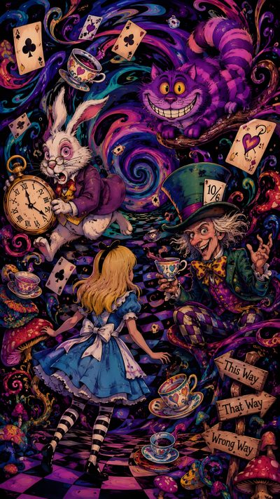 alice and the wonderland tea party poster with an image of two rabbits, one holding a cup Halloween Alice Custom Alice In Wonderland Themed Art, Alice And The Wonderland, Alice In Wonderland Inspired, dark slate gray