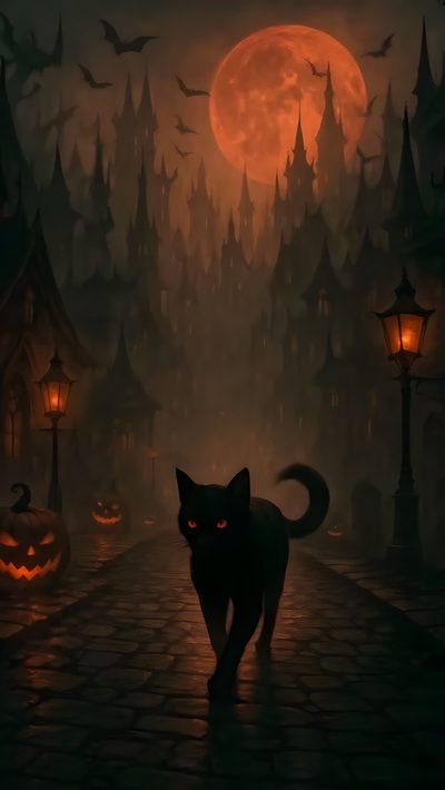 a black cat is walking down the street in front of halloween pumpkins and bats Cute Cat Halloween Magical Halloween, Black Cat Halloween Spooky, Halloween Black Cat,