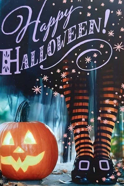 there is a halloween card with a woman's legs in black and orange striped stockings Happy Halloween Stockings Happy Halloween Friends Images, Happy Halloween Images For Adults, Happy Safe Halloween Images, dark slate gray