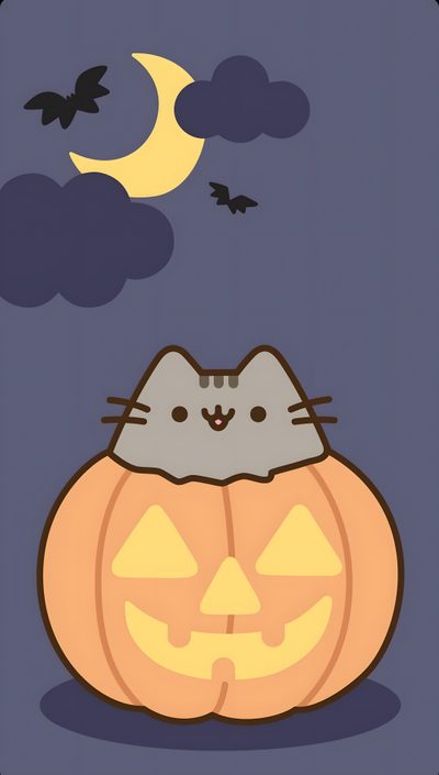 a cat sitting in a jack o lantern pumpkin with bats flying around it and the moon behind it Halloween Pusheen Halloween Cute, Cute Halloween Drawings, Pusheen Cat, Halloween, Kawaii, dim gray