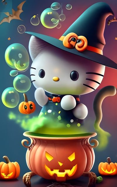 a cat in a witches hat sitting on top of a pumpkin Halloween With Hello Kitty In A Hat Hello Kitty And Friends Halloween Gif, Cute Hello Kitty Halloween Gif, Hello Kitty Halloween Gif, dim gray