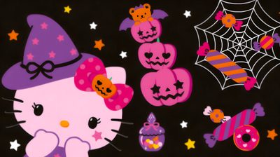 a halloween scene with pumpkins, cats and bats on a black background is featured in this image Hello Kitty Halloween Laptop Halloween Hello Kitty Computer, Sanrio Halloween Laptop, Colorful Hello Kitty Pumpkins, dark slate gray