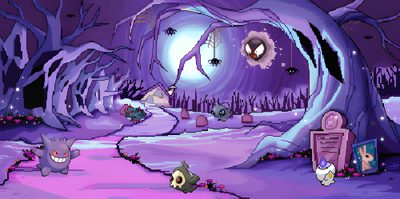 an image of a cartoon scene in the night Gengar Halloween Pixel Art Background, Gif Background, Ghost Type, Animated Banners, Collage, slate blue