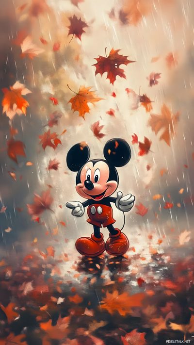 mickey mouse in the rain surrounded by falling leaves Mickey Mouse Halloween 4k Unique Iphone, Disney Background, Images Disney, Halloween Cute, indian red