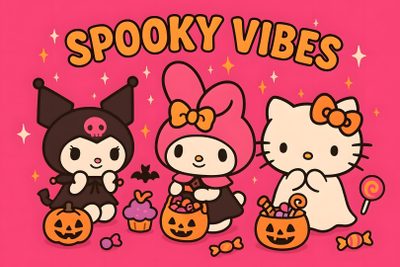 hello kitty halloween wallpaper with the words spooky vibes Sanrio Hello Kitty Halloween Halloween Hello Kitty Laptop, Hello Kitty Halloween Laptop, Hello Kitty Halloween Chromebook, indian red