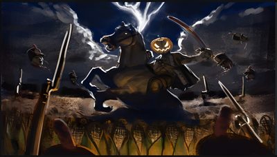 a painting of a man riding on the back of a horse with a pumpkin in his mouth Halloween Headless Horseman Sleepy Hollow Gunpowder, Sleepy Hollow Headless Horseman, Pumpkin Horseman, black