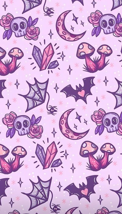 a purple background with skulls and bats Pastel Goth Halloween Halloween Iphone Backgrounds, Halloween Backgrounds, Halloween Cute, Goth, lavender