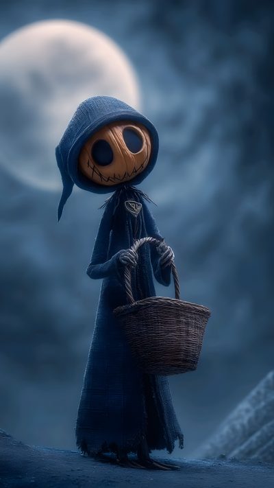 a cartoon character is holding a basket in front of the full moon with a creepy look on his face Halloween Funny Ram, Unique Iphone, Halloween Creatures, Tim Burton Style, Iphone For Guys, dark slate gray