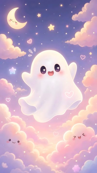 a cartoon ghost floating in the sky with stars and clouds Pastel Pastel Kawaii Cute Halloween Pink Halloween, Kawaii, Halloween, Cute Backgrounds, thistle