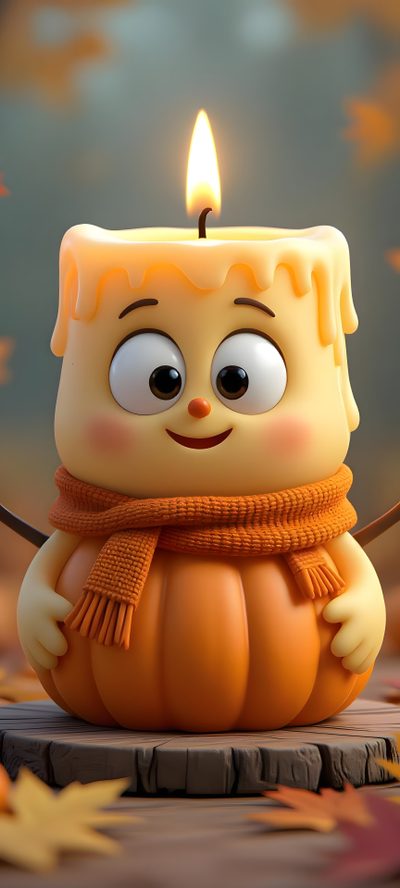 a cartoon character holding a lit candle on top of a wooden table with leaves around it Halloween 4d Candle Cartoon Picture, Pumpkin Cartoon, 3d Fall Iphone, Iphone 3d Autumn, dim gray