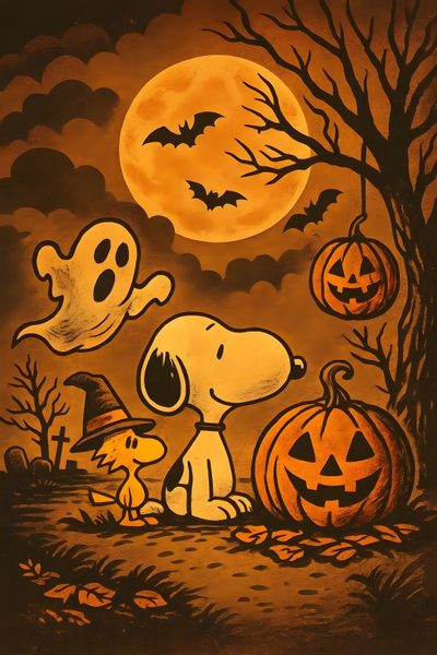 a snoopy halloween scene with pumpkins and jack - o'- lanternes Halloween Snoopy Halloween Reading Art, Snoopy, Halloween Peanuts, Flying Ace, Peanuts Gang, saddle brown