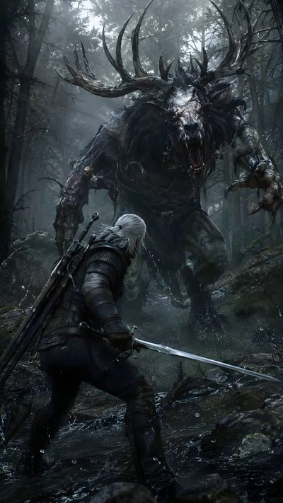 an image of a person in the woods with a giant monster behind him and two other people Witcher Halloween The Witcher World, The Witcher Minecraft, Witcher Artwork, dark slate gray