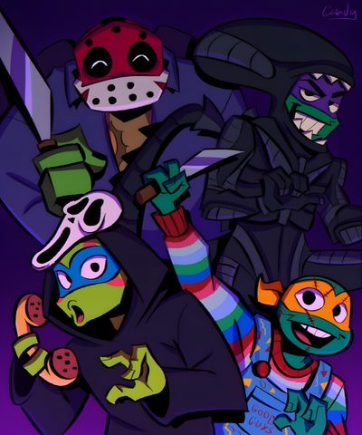some cartoon characters with masks on and one is holding a knife in his right hand Tmnt Halloween Rottmnt Meat Sweats, Donnie Fan Art Rottmnt, Rottmnt Donnie Halloween, midnight blue