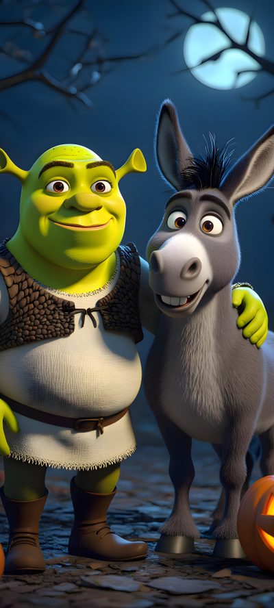 the shrap and donkey are standing next to each other in front of a full moon Halloween Shrek Vampire Pictures, Cute For Android, Ayana Charm, Shrek Backgrounds, Funky, dark slate gray