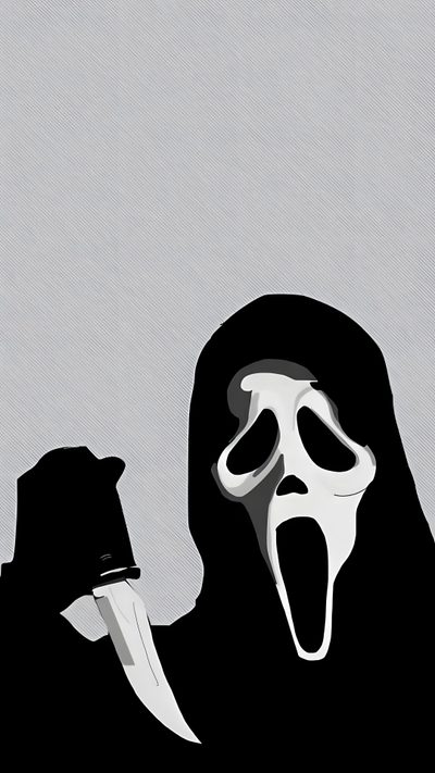 a black and white photo of a person with a knife in their hand wearing a mask Halloween Iphone Aesthetic Black And White Header Para Twitter, Drawing Cartoon Characters, Face Sketch, silver