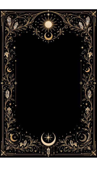 a black and gold frame with an ornate design on the bottom, surrounded by stars Black And Gold Halloween Dark Background Design, Tarot Frame, Dark Fantasy Border, Moon Phases Tarot,