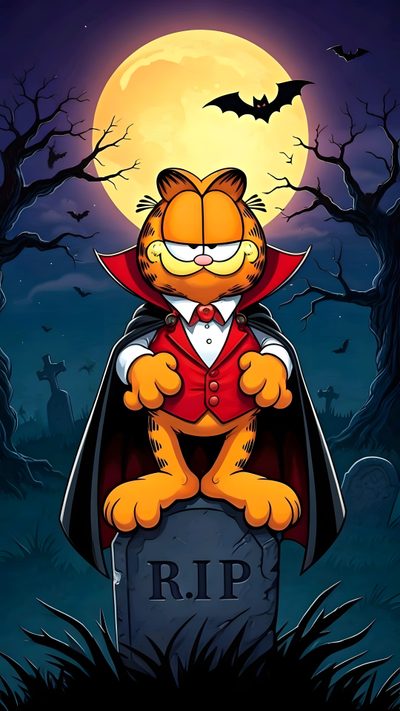 a cartoon cat dressed up as a vampire sitting on top of a tombstone in front of a full moon Garfield Halloween Garfield Halloween, Elvira Movies, Garfield Pictures, Looney Tunes, dark slate gray