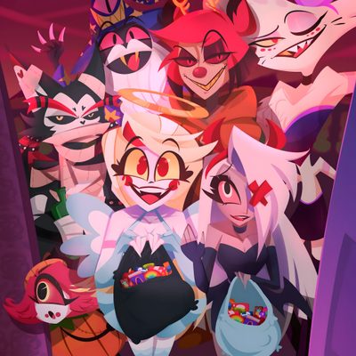 an image of many cartoon characters in the same color and size as they appear to be smiling Hazbin Hotel Halloween All Of The Hazbin Hotel Characters, All The Hazbin Hotel Characters, Hazbin Hotel Fanart All Characters, brown