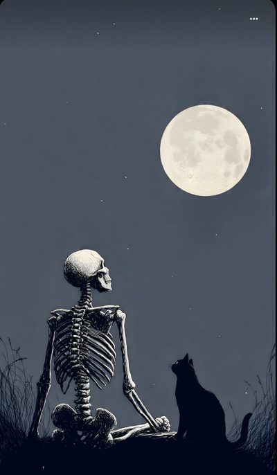 a skeleton sitting on the ground next to a black cat under a full moon sky Halloween Skeleton Cat Skeleton Art, Unusual Things, Cat, Halloween, Skull And Bones, dark slate gray