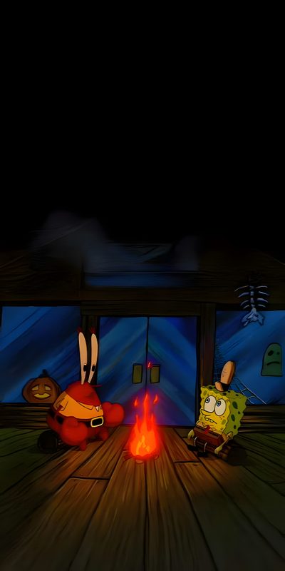 two cartoon characters sitting around a fire in the middle of a wooden floored room Thisis Halloween Aesthetic 4k Spongebob, Scary, Creepy Art, Spongebob Halloween Background, black