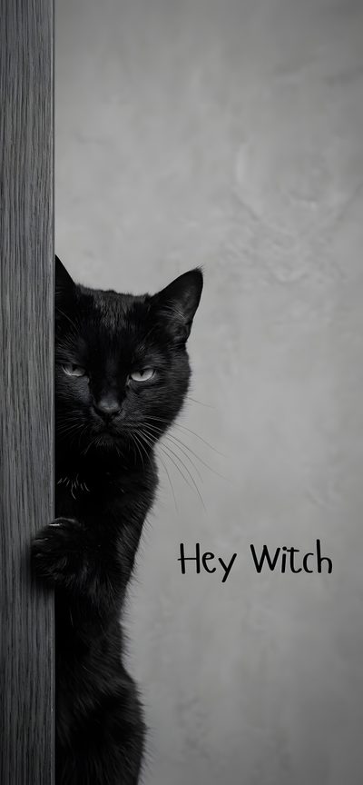 a black cat peeking out from behind a wooden door with the words hey witch written on it Black Cat Halloween Phone Iphone Ideas Aesthetic, Sassy Cats, Cat Casting Spell, Cat Witch Aesthetic, gray