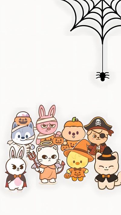 some cute little animals are standing in front of a spider web Skz Halloween Art Iphone, Kids Zoo, Cute Tumblr, Tumblr, Halloween Backgrounds, Iphone Background, linen