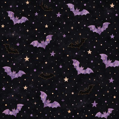 bats and stars in the night sky on a black background with purple, gold and white colors Halloween Pastel Bats On Black-small Halloween Series, Halloween Bats, Purple, Background Patterns,